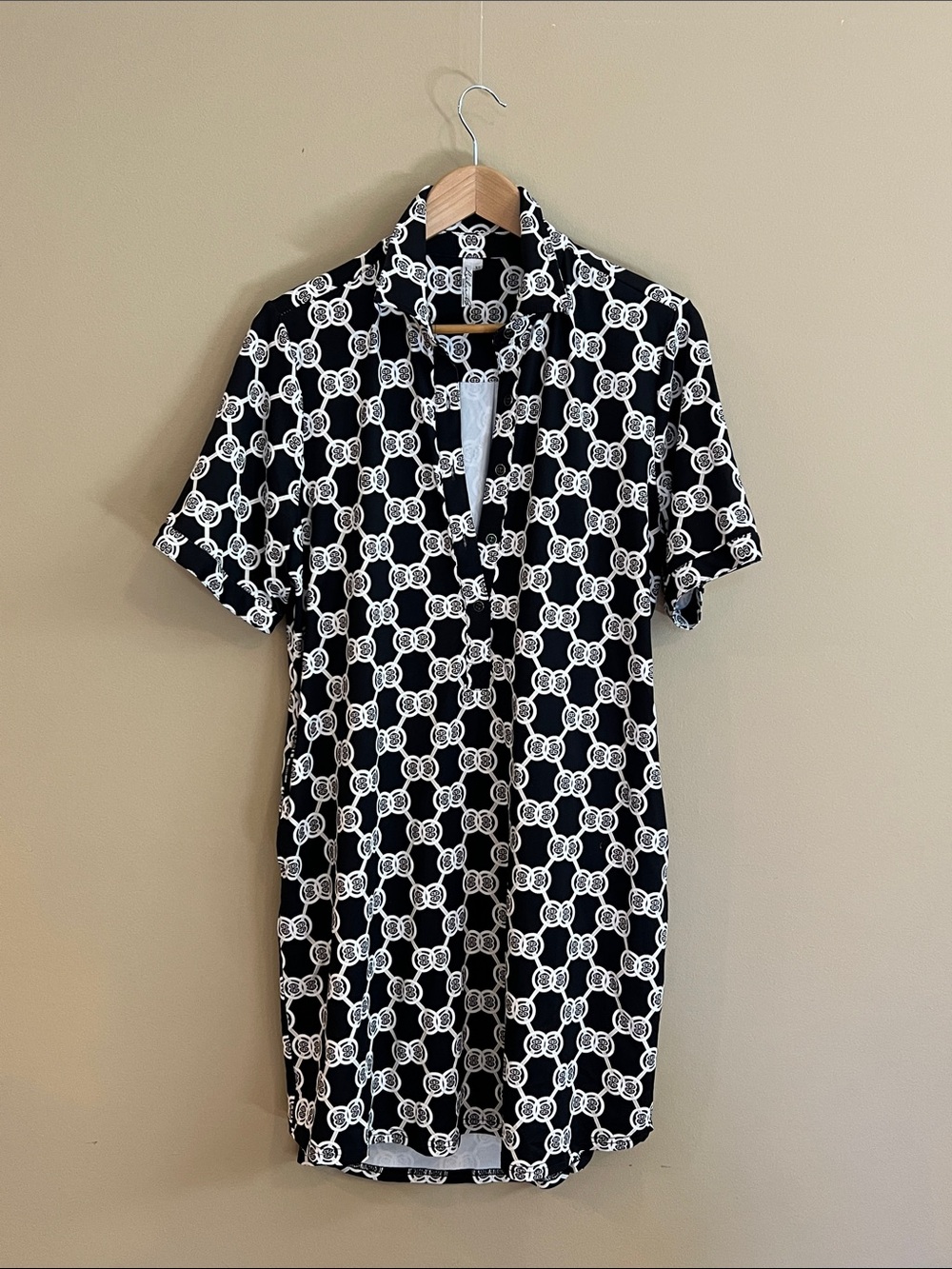Lulu-B Black & White Geometric Button Front Shirt Dress Tunic XL